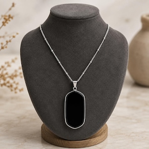 Black Obsidian Necklace, Scrying Mirror Pendant Necklace, Obsidian Oval, Stainless Steel Necklace