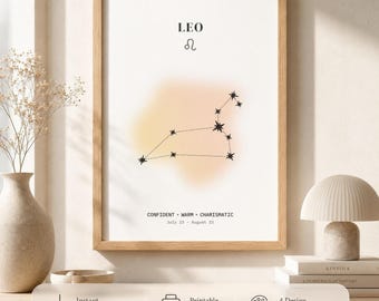 Löwe-Sternzeichen-Kunstdruckset • Minimalistische Astrologie-Wandkunst mit Aura-Konstellation • Digitaler Download