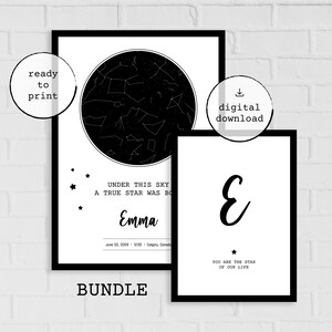 Può includere: Un set di due stampe incorniciate in bianco e nero. Una presenta una mappa stellare, l'altra una grande lettera "E". Il testo include "UNDER THIS SKY A TRUE STAR WAS BO Emma" e "YOU ARE THE STAR OF OUR LIFE".