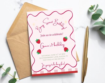 Strawberry 1st Birthday Invitation, Editable Canva Template
