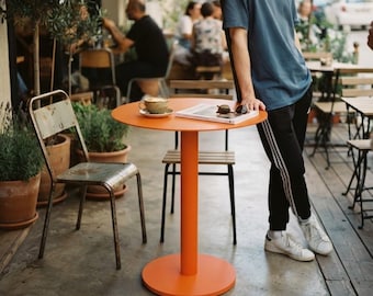 All Metal Round Dining Table | Architectural Pedestal Base | Contemporary Cafe & Restaurant Furniture