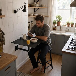May include: A black wall-mounted folding table with a matte finish, featuring a sturdy metal support arm attached to a white tiled wall. The table surface holds a white ceramic mug, a glass of orange juice, and a white bowl filled with fruit.