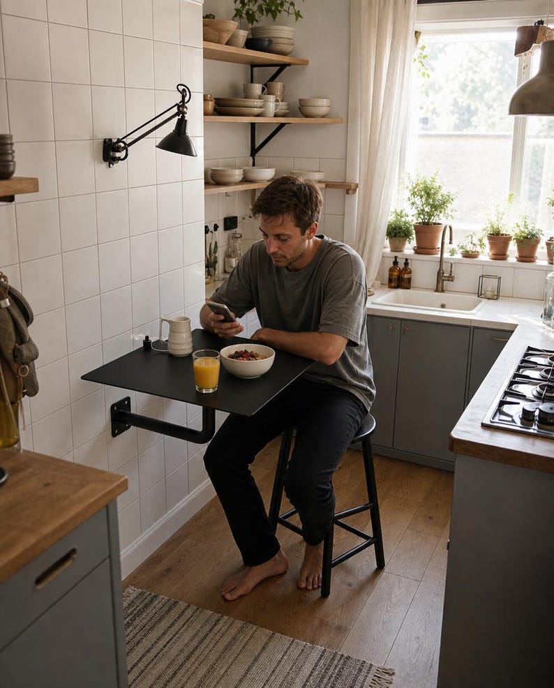 May include: A black wall-mounted folding table with a matte finish, featuring a sturdy metal support arm attached to a white tiled wall. The table surface holds a white ceramic mug, a glass of orange juice, and a white bowl filled with fruit.