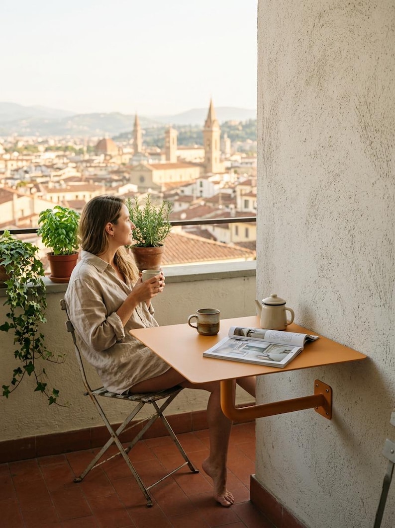 May include: A wall-mounted, square, orange metal balcony table with a single support arm, featuring a ceramic mug and a teapot on its surface, positioned on a balcony with a view of a city skyline in the background.