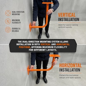 May include: An orange L-shaped metal mounting bracket shown in two configurations. The top shows vertical installation, and the bottom shows horizontal installation. Text includes "Vertical Installation," "Horizontal Installation," and "Dual-direction mounting system allows installation in both vertical and horizontal positions."