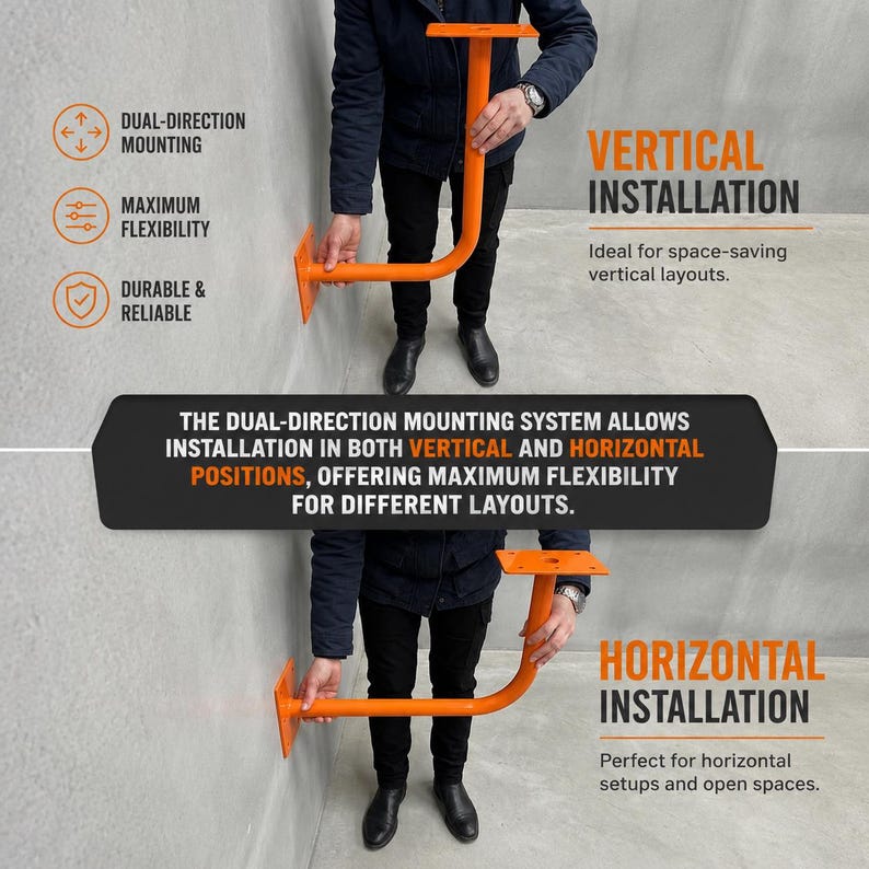 May include: An orange L-shaped metal mounting bracket shown in two configurations. The top shows vertical installation, and the bottom shows horizontal installation. Text includes "Vertical Installation," "Horizontal Installation," and "Dual-direction mounting system allows installation in both vertical and horizontal positions."