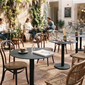 May include: A round matte black metal bistro table featuring a single central pedestal base. On the tabletop sits a ceramic coffee cup on a saucer, a clear glass water bottle, and a magazine with a white cover. The table is set on a stone patio.
