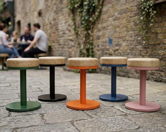 Colorful Metal Pedestal Stool, Round Cafe Restaurant Seating, Faux Leather Vanity Chair, Low Accent Stool, Entryway Shoe Stool, Salon Stool