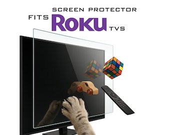 May include: A screen protector for Roku TVs is displayed in front of a black television. The words "FITS Roku TVs" are printed above the screen protector. A cat's paw reaches toward the screen. A Rubik's Cube, a wooden car, and a remote are also in the image.
