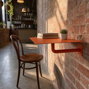 May include: A wall-mounted orange metal desk with a single support bracket attached to a brick wall. A dark brown wooden chair with a curved backrest is positioned in front of the desk. Two stacked books and a small potted succulent sit on top.