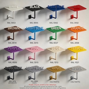 May include: A grid of sixteen wall-mounted metal shelves, each featuring a square platform and a single support bracket. The shelves are displayed in various colors including white, black, blue, red, brown, green, orange, purple, pink, beige, yellow, gray, gold, and silver, with corresponding RAL color codes and color names printed above each unit.