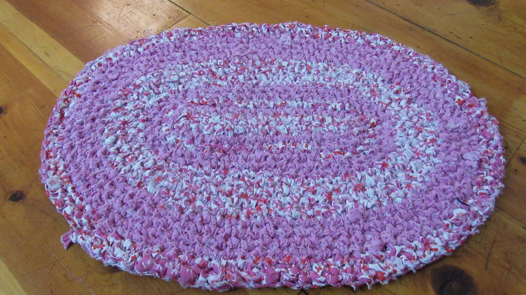 Crocheted Rag Rug, 29X21 Inches, Hand Made, Cotton Fabric, Rose Pink ...