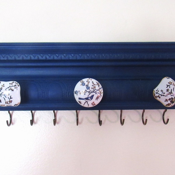 CLEARANCE!  Wall Hanging Jewelry Organizer/Rack, Key Holder/Rack, Necklace Rack/Hanger, Key Organizer, Painted Navy with Knobs & Hooks