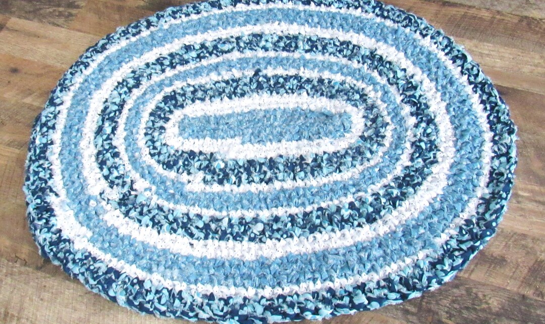 Crocheted Rag Rug, 35X28 Inches, Hand Made, New Fabric, Shades of Blue ...