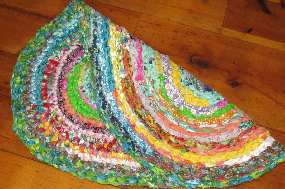 Crocheted Rag Rug, 34X23 Inches, Hand Made, New Cotton Fabric, Bright ...