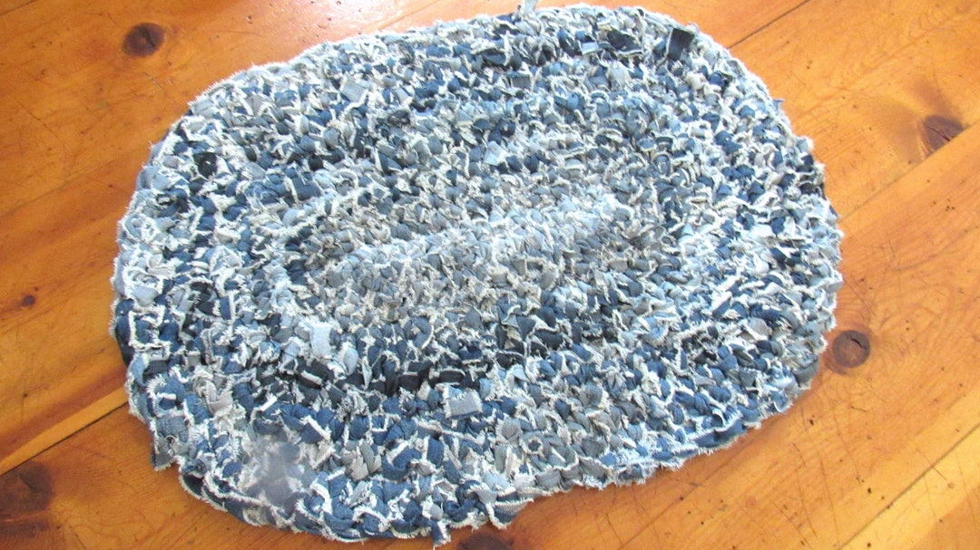 Crocheted Denim Rag Rug, 33 X 26 Inches, Thick Rug, 1 Thick, Hand Made