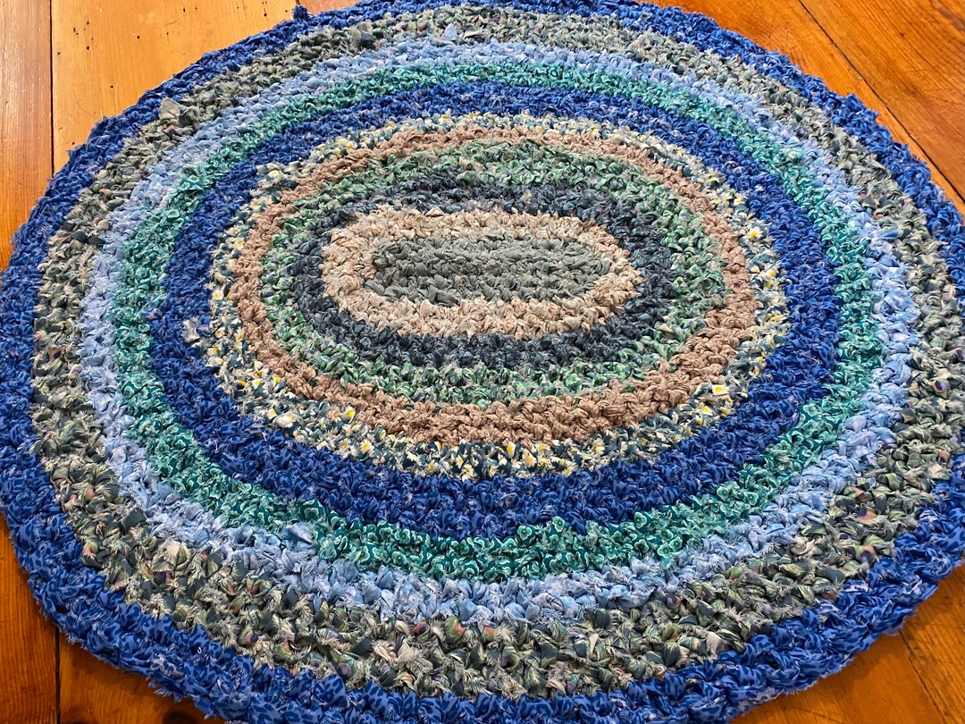 Crocheted Rag Rug, 34 X 31 Inches, Hand Made, New Cotton Fabric, Shades ...