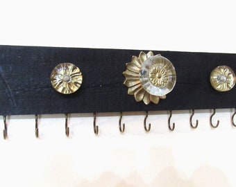 Wall Hanging Jewelry Organizer, Necklace Rack/Hanger, Jewelry Rack/Hanger, Cedar Wood-Stained Black with Gold & Glass Knobs, Wall Mount