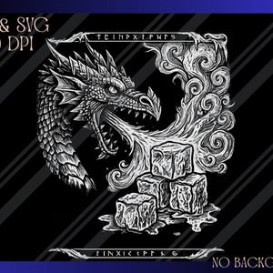 Peut inclure: Illustration en noir et blanc d'une tête de dragon avec des glaçons et de la fumée stylisée. Le texte "PNG & SVG 300 DPI" et "NO BACKGROUND" est inclus.