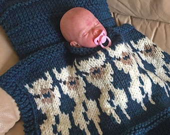 Baby Blanket KNITTING PATTERN in pdf featuring Alpacas; knit Alpacas on a Blanket as a DIY gift or as a baby shower gift.  Instant download.