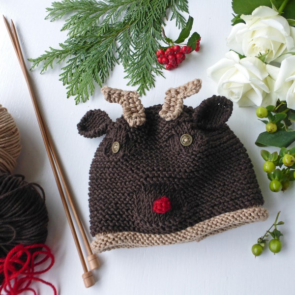 Reindeer Baby Hat KNITTING PATTERN pdf | Make this DIY Hat as a Christmas gift, Baby shower gift, photo prop or stocking filler for babies