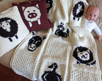 Baby Blanket and Pillow Cover KNITTING pdf PATTERNS featuring Sheep, Farmyard Animals; new born DIY gift, baby shower gift. Instant download
