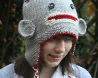 Sock Monkey Hat with Earflaps KNITTING PATTERN in pdf | Sizes for Babies, Toddlers, Children and Teens. Give as a DIY gift. Instant download
