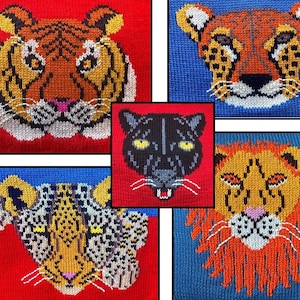 Strickdiagramme für Großkatzen im PDF-Format; 5 Diagramme für einen schwarzen Panther, einen Geparden, einen Leoparden, einen Löwen und einen Tiger. Sofortige Downloads.
