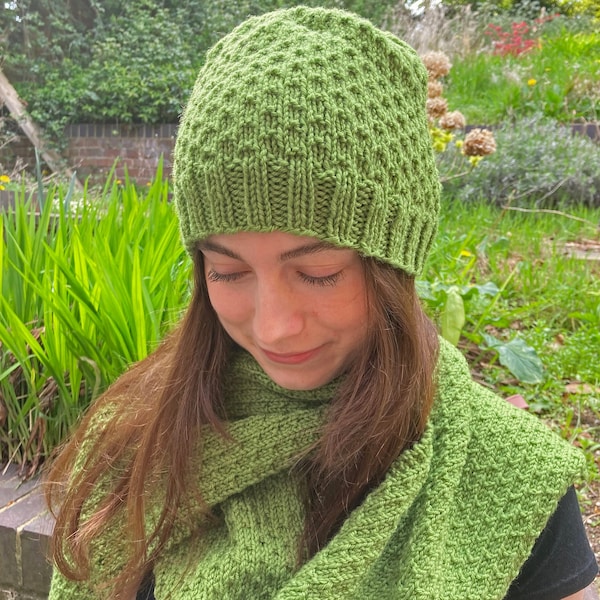 Beanie Hat and Scarf KNITTING PATTERNS in PDF, Dot Stitch pattern, Instant Download