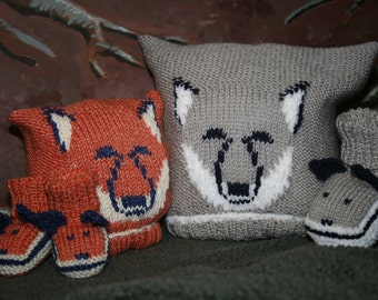 BABY KNITTING PATTERN in pdf - Fox and Wolf Cub Baby Hat and Booties