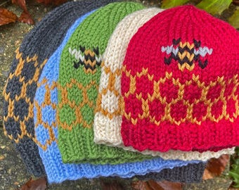 HAT KNITTING PATTERN featuring Honeycomb and Bees, baby to adult sizes, instant download.