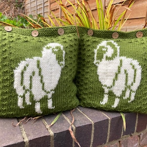 Sheep Cushion Cover KNITTING PATTERN in PDF featuring Merino Ram and Ewe motifs, Instant Download pillow pattern
