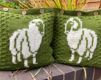 Sheep Cushion Cover KNITTING PATTERN in PDF featuring Merino Ram and Ewe motifs, Instant Download pillow pattern