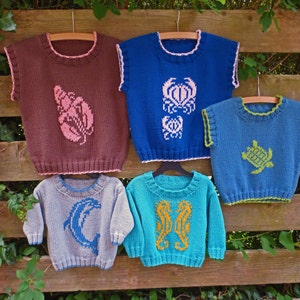 Könnte beinhalten: Vier gestrickte Pullover mit verschiedenen Meereslebewesen-Designs. Die Pullover sind braun, blau, türkis und grau mit weißen, gelben und grünen Akzenten. Die Designs beinhalten einen Krebs, eine Schildkröte, ein Seepferdchen und einen Delfin.