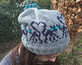 Hat with cat motifs KNITTING PATTERN in pdf | Knit these Love Cats on a Hat as a DIY gift and add a pompom to finish, toddler to adult size