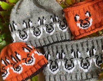 Hat and Cowl KNITTING PATTERN in PDF featuring a Fox or Wolf, Two pattern bundle, Instant Download