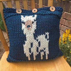 Cushion Cover KNITTING PATTERN in pdf featuring an Alpaca; knit Alpaca on a Pillow for your home or as a DIY gift. Instant download pattern.