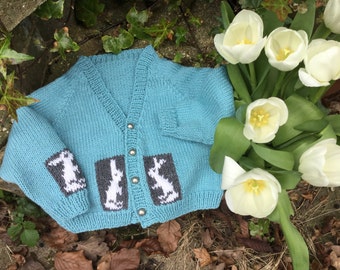 Bunny Baby Cardigan KNITTING PATTERN in pdf | Bunny Motifs adorn this unisex baby jacket, knit the cardigan as a baby shower gift