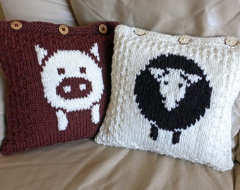 Pillow cover KNITTING PATTERN in pdf featuring a pig or sheep motif; knit this cushion as a DIY gift, handmade home decor. Instant Download