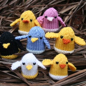 May include: Seven knitted chick figurines in a variety of colours, including yellow, blue, pink, black, and white. The chicks are sitting on a bed of brown straw.