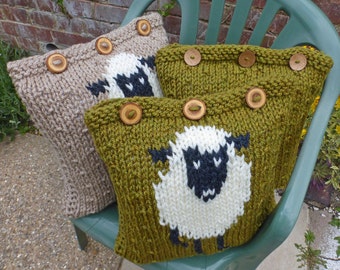 Cushion Cover KNITTING PDF PATTERN featuring a sheep; knit this sheep pillow for your home or as a new home gift. Instant download pattern.