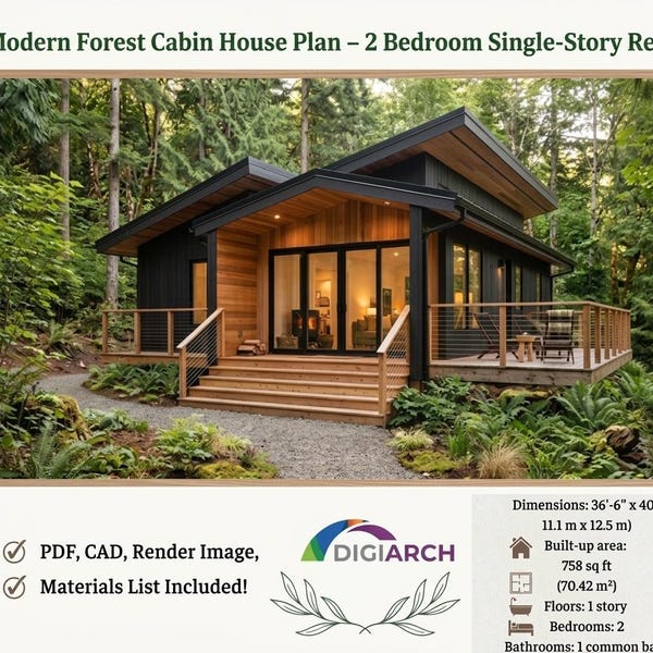 Modern Cabin House Plan | 2 Bedroom Contemporary Retreat | PDF Architectural Package 1209 SQ FEET