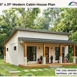 May include: A 30'10" x 37' modern cabin house plan featuring white vertical siding, a dark metal roof, and a wooden front porch with stone-based pillars. The design includes black-framed windows and a central door, presented as a digital render.