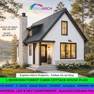 Pode incluir: Um plano de casa tipo cabana branca com telhado de metal preto e chaminé de pedra. O texto inclui BUILD UP AREA 886. SQ FEET, 82.3121 SQ METER, 1 BEDROOM FOREST CABIN COTTAGE HOUSE PLAN, MUD ROOM, C- BATH, GREAT ROOM, LOUNGE, KITCHEN, DINNING AREA.