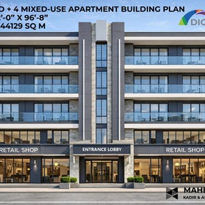 Pode incluir: Planta de um edifício de apartamentos moderno com lojas no rés-do-chão e unidades residenciais acima. O edifício tem 21,95 m por 29,46 m. A planta inclui o texto "GROUND + 4 MIXED-USE APARTMENT BUILDING PLAN". Projetado por Digiarch.