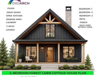 Modern Cottage Cabin House Plan | 3 Bedroom Forest Lodge | PDF & Editable CAD File