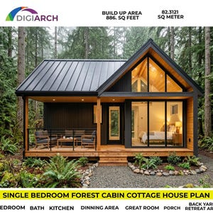 May include: A single-storey cabin with a black metal roof and dark vertical siding. The structure features a front porch with wooden decking, a glass-walled bedroom, and large windows. Text reads: DIGIARCH, BUILD UP AREA 886. SQ FEET, 82.3121 SQ METER.