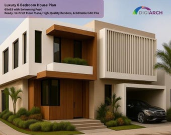 6 Bedroom Modern Luxury House Plan | 65x63 Footprint, Pool (PDF) | CAD FREE
