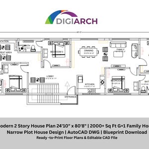 Peut inclure: Plan d'architecte détaillé d'une maison moderne à deux étages, avec un plan d'étage avec des pièces étiquetées, dont des chambres, des salles de bains, une cuisine et une salle à manger. Le plan est de 7,57 m x 24,6 m et comprend le texte "DIGIARCH".