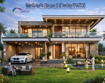 Modern Villa House Plan | 2-Story Luxury ( 52' x82') Home Design (PDF & CAD)